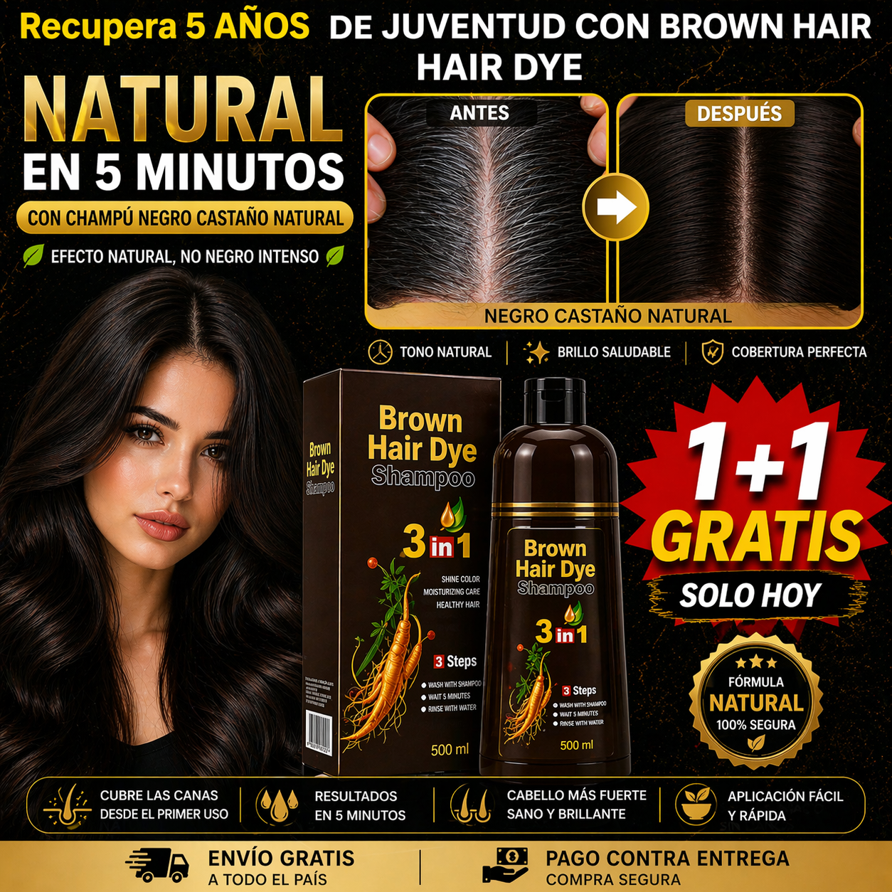 Elimina Las Canas En 5 MInutos / BROWN HAIR DYE 3 en 1 - Color Negro Castaño Natural