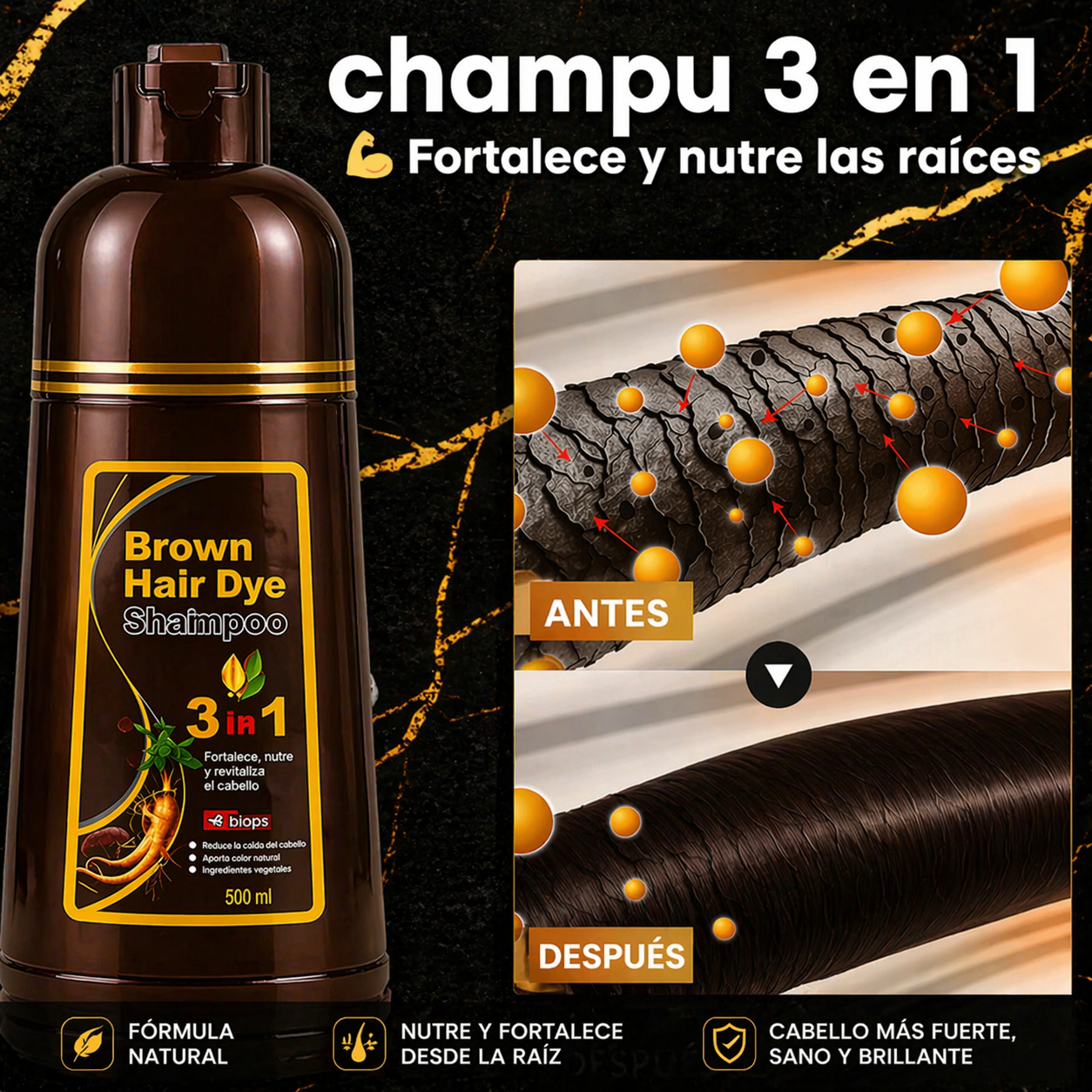 Elimina Las Canas En 5 MInutos / BROWN HAIR DYE 3 en 1 - Color Negro Castaño Natural