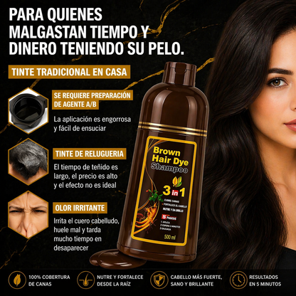 Elimina Las Canas En 5 MInutos / BROWN HAIR DYE 3 en 1 - Color Negro Castaño Natural