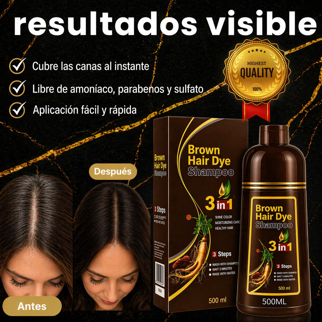 Elimina Las Canas En 5 MInutos / BROWN HAIR DYE 3 en 1 - Color Negro Castaño Natural