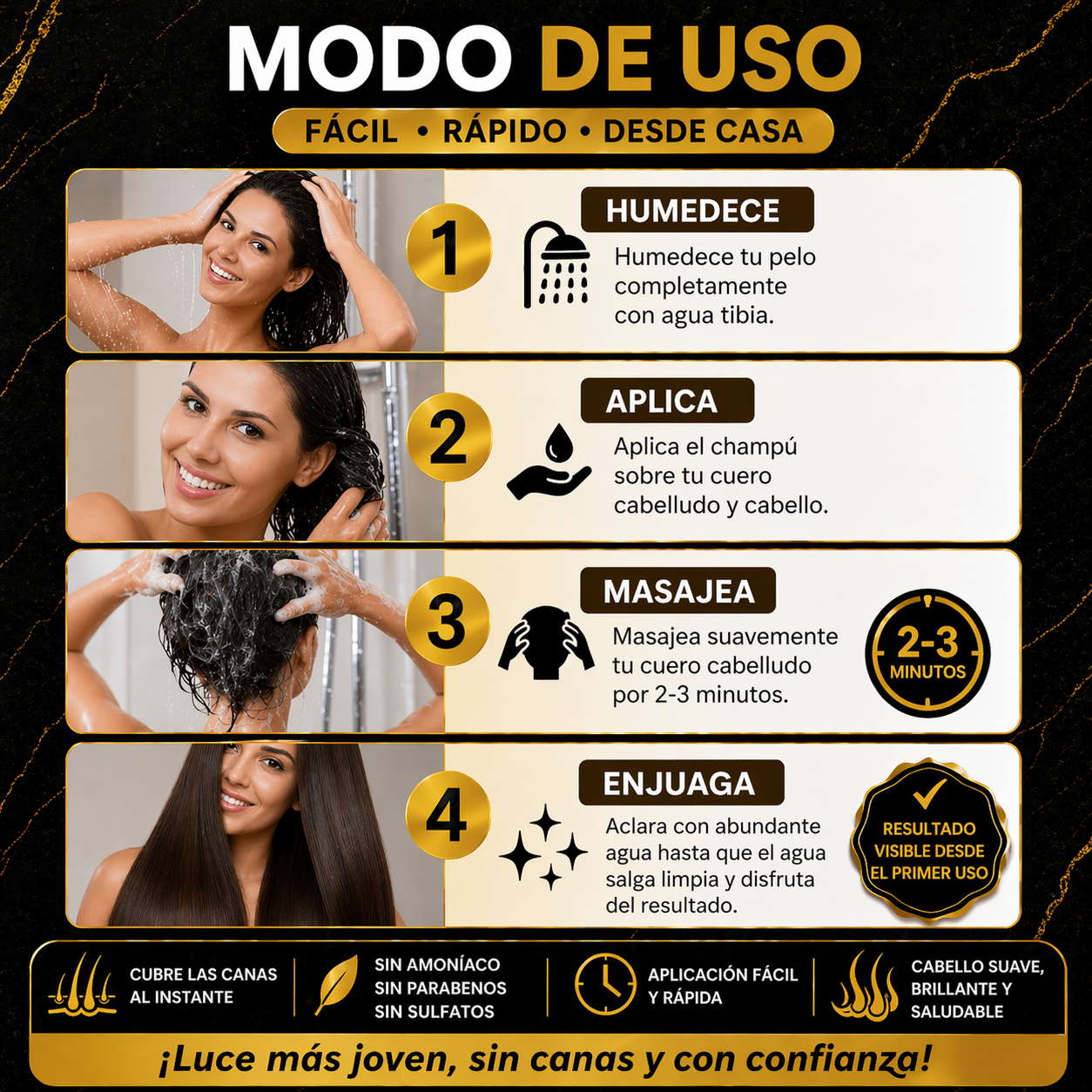 Elimina Las Canas En 5 MInutos / BROWN HAIR DYE 3 en 1 - Color Negro Castaño Natural